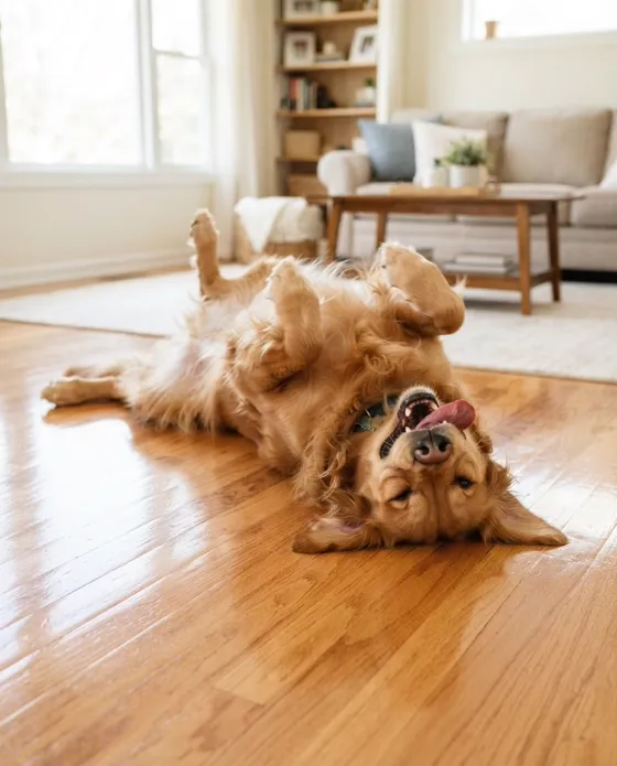 Happy golden retriever rolling on a freshly cleaned hardwood floor, pet friendly house cleaning in Jacksonville